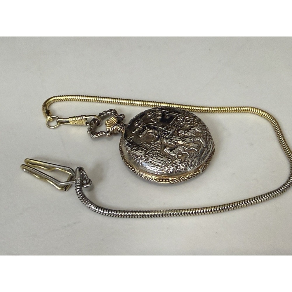 Vintage Hunting Horn Scene Pocket‎ Watch Two Tone Embossed Hunter Dog Full Case